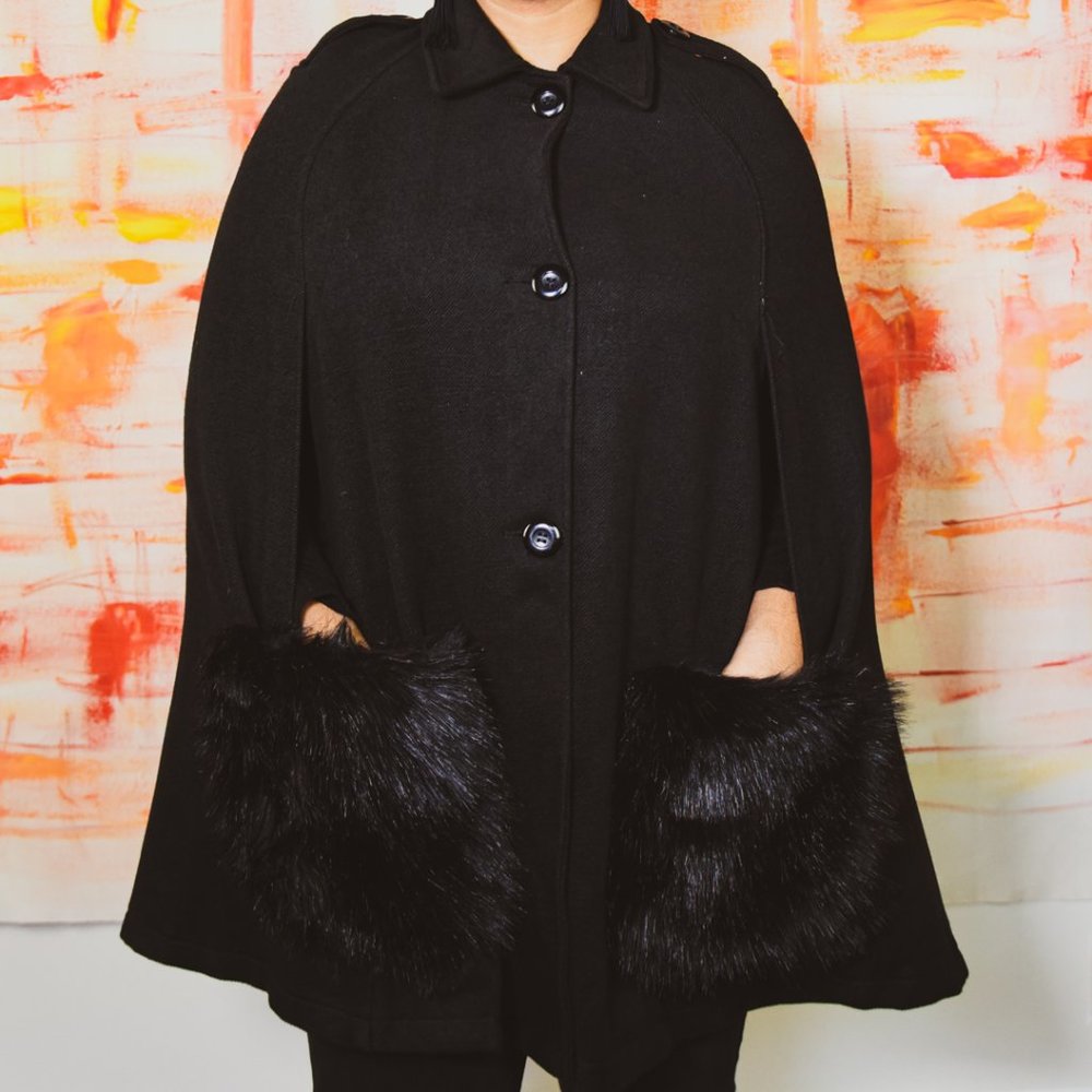 Black Wool Cape with Faux Fur pockets